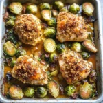 Sheet Pan Hot Honey Mustard Chicken and Crispy Brussels Sprouts.