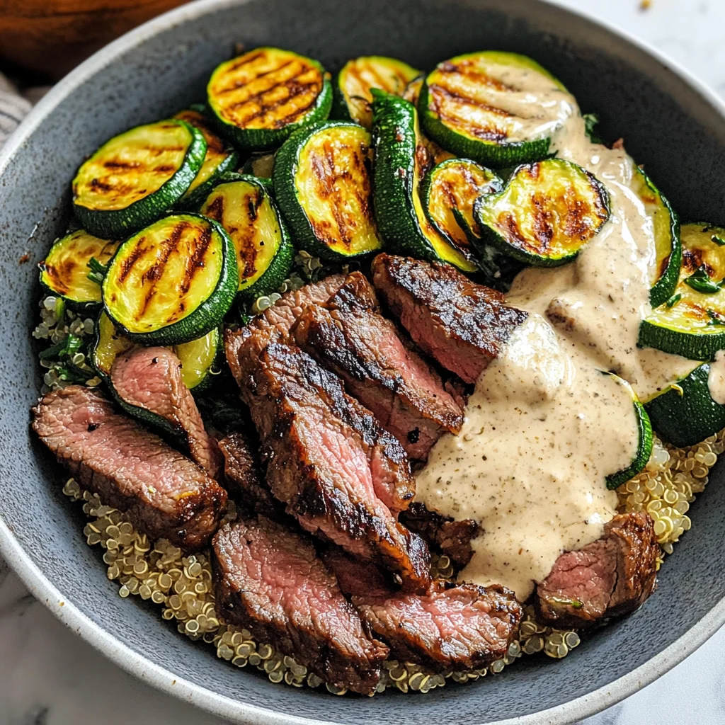 Grilled Steak Bowl with Creamy Sauce & Grilled Zucchini