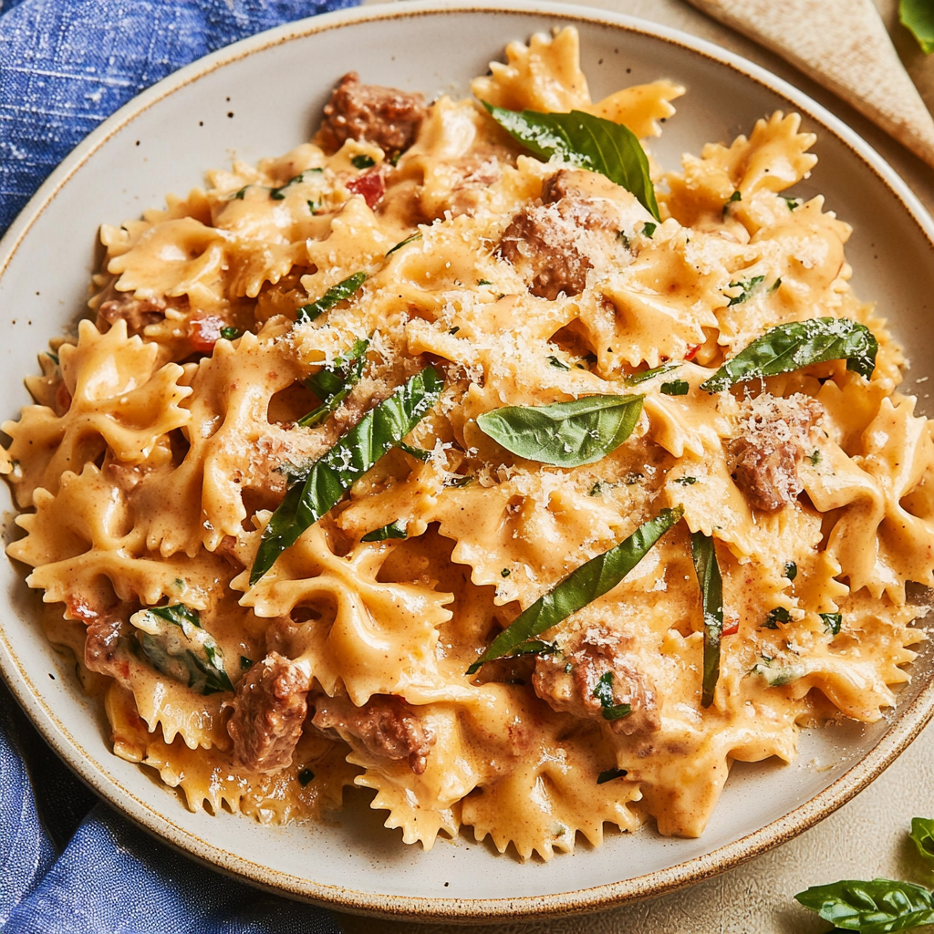 Creamy Parmesan Garlic Beef Bowtie Pasta